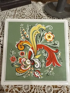 VTG 1970 Ceramic Tile Trivet Folk art Berggren Original 6” MCM Retro Mod Signed - Picture 1 of 7