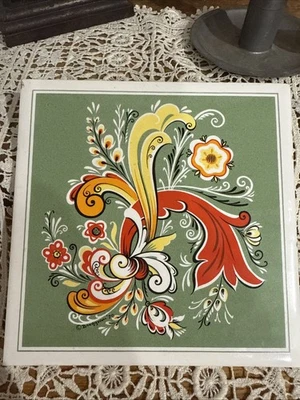 VTG 1970 Ceramic Tile Trivet Folk art Berggren Original 6” MCM Retro Mod Signed - Image 1 of 4