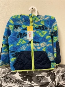 🌻 Cat & Jack Boys Zip Up Sherpa Hooded Jacket Neon Green Blue Size 2T 🆕 - Picture 1 of 5