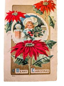 Vintage Metallic Gold Weihnachten Postkarte Schneemädchen Blumen Urlaub Antik 1900er - Bild 1 von 4
