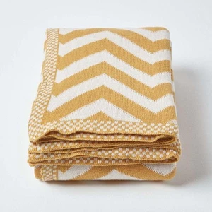 Large Mustard Knitted Cotton Geometric Blanket Sofa and Bed Throw 150 x 200 cm - Picture 1 of 3