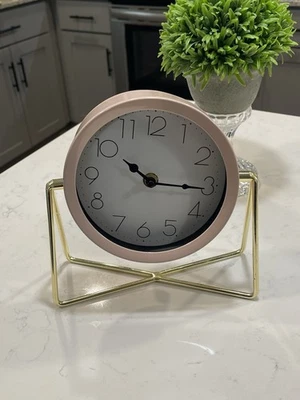 Blush Pink White Face Clock With Gold Stand Hardware Nursery Or Glam Office 8in - Image 1 of 4