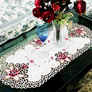 Embroidered Floral Satin Fabric Cutwork Round Tablecloth Lace Table Topper/Cloth - Picture 1 of 3