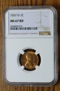 1937 D Lincoln cent graded by NGC MS 67 RD - Picture 1 of 2