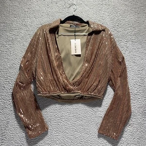 Blusa SHEIN BAE XS Marrón Brillante Elastizada Manga Larga Brillante Fiesta Top - Imagen 1 de 8