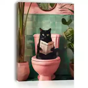 Periódico de lectura de gato negro en inodoro, lienzo de arte de pared sin marco/enmarcado - Imagen 1 de 7