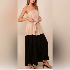 Nuevo con etiquetas Maxi Vestido Lumiere Sin Tirantes Mezcla de Lino Columna, Bloques de Color Tostado y Negro - L - Imagen 1 de 11