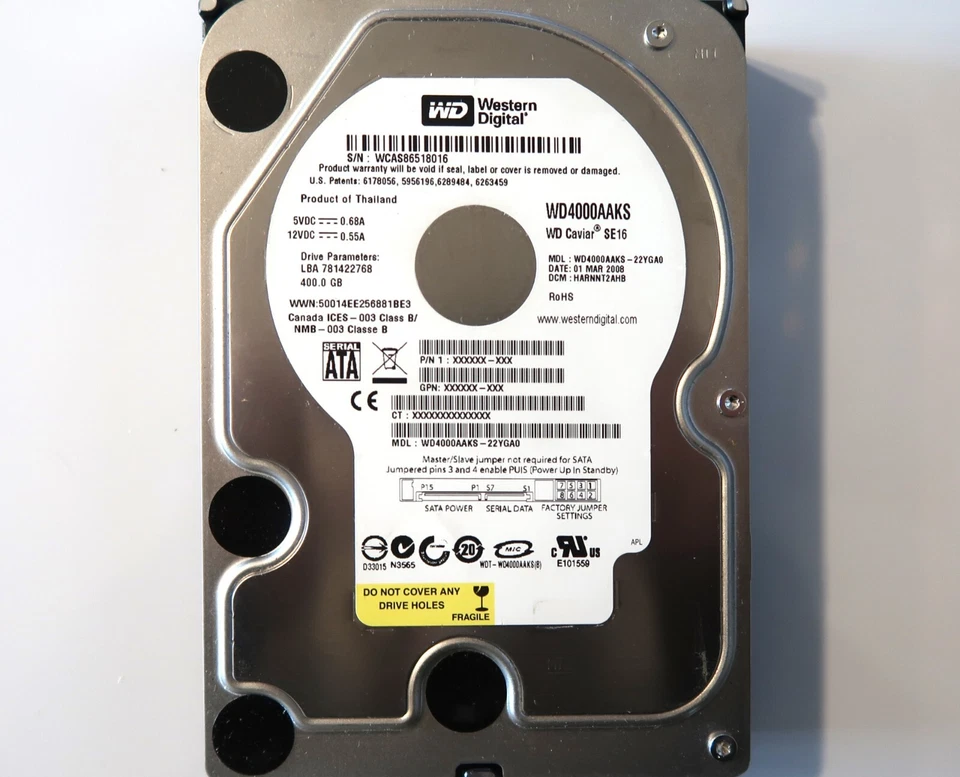 WD WD4000AAKS-22YGA0 HARNNT2AHB (WCAS) Thailand 400gb 3.5" Sata HDD 01MAR2008 - Image 1 of 1