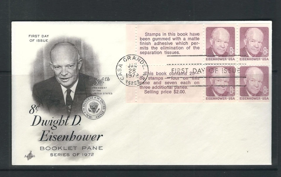 USA SC # 1395c Eisenhower Booklet pane of 4 plus 2 labels . Artcraft cachet - Image 1 of 1