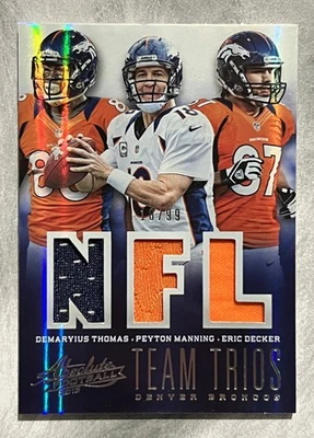 2013 ABSOLUTE MANNING / THOMAS / DECKER TEAM TRIOS RELIC BRONCOS JERSEY # 18/99 - Image 1 of 2