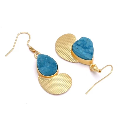Blue Titanium Druzy Gold Plated Jewelry UK Look Earring 1'' to 1.5'' z545 - Image 1 of 4