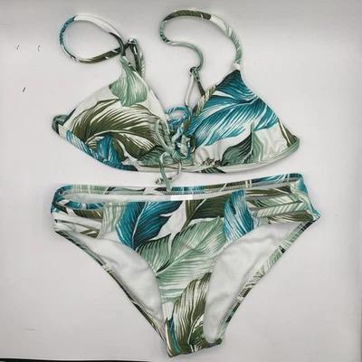 Conjunto de bikini Xhilaration para mujer azul y verde con estampado de palma triángulo (2 piezas), S Foto 1 de 4