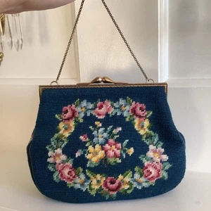 Vintage Blue Needlepoint Purse With Floral Theme Christine Custom Bags MI. - Picture 1 of 15