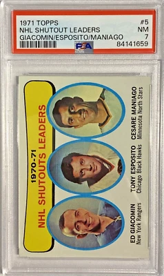 1971 Topps Shutout Leaders ED GIACOMIN TONY ESPOSITO MANIAGO #5 PSA 7 - Image 1 of 2