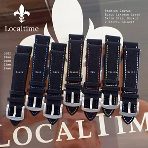 Hybrid Premium Black Canvas & Leather Liner Watch Straps 18-24mm Coloured Stitch - Picture 1 of 26