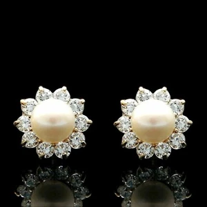 1.80CT Brilliant Cut Pearl & Diamond Earrings 14kYellow Gold Finish Stud Earring - Picture 1 of 6