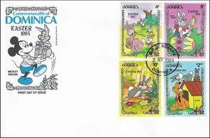 Mickey Mouse Bunnies Thumber Easter Eggs Disney Stamp Set Dominica FDC 1984 - Picture 1 of 1