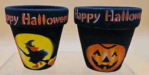 Happy Halloween Jack O Lantern Witch Terracotta Pot Planter Hand Painted Black 2 - Picture 1 of 6