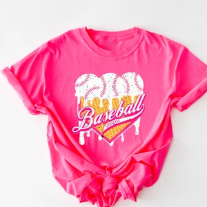 Baseball Lifestyle Drip Retro Graphic Neon Pink T-Shirt with Baseball Design - Picture 1 of 2