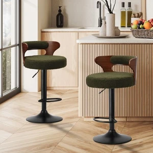 Oikiture 2x Bar Stools Kitchen Gas Lift Swivel Chairs Stool Wooden Boucle Green - Picture 1 of 10