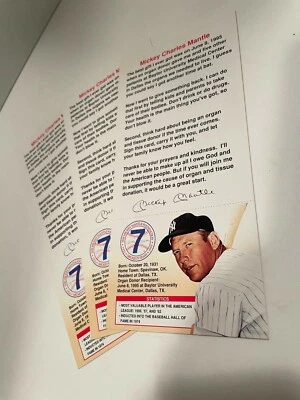 Lot of 3 - 1996 MICKEY MANTLE Organ Donor card - Join Mickey's Team - Unused - Image 1 of 2