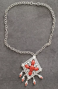 22" Silver-Tone Necklace with Large Silver-Tone and Red Coral Pendant - Picture 1 of 5