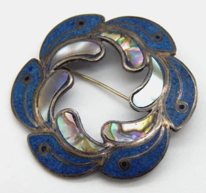 Mexican Sterling Inlay Taxco Abalone & Crushed Blue Stone Pin / Pendant (TF903) - Bild 1 von 15