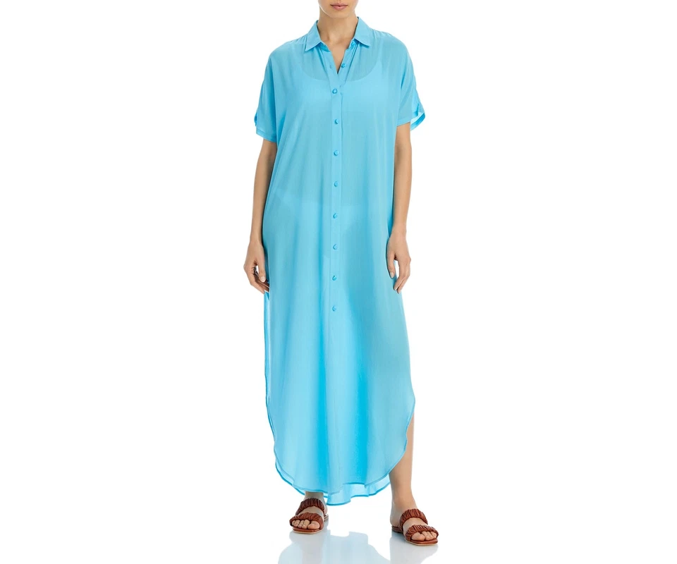Aqua Button Front Maxi Swim Cover-Up Swimwear Blue Size Small
