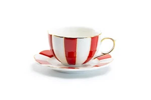 Grace Teaware Red and White Scallop Fine Porcelain Tea Cup and Saucer Gold Rim - Picture 1 of 3