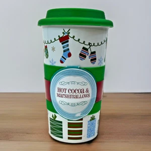 California Pantry 14oz Ceramic Travel Mug w/ Lid Christmas Stockings Presents - Picture 1 of 5