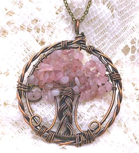 Beautiful! COPPER Wire Wrapped ROSE QUARTZ TREE of LIFE Pendant Necklace #27 - Picture 1 of 2