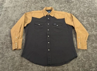 Camisa De Colección Wrangler Para Hombres L Grande Negra Marrón Bloque de Color Lona Perla Occidental A Presión Foto 1 de 4