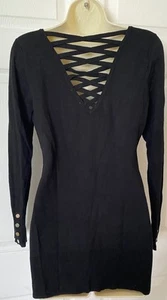 Vintage 90s Y2K CACHE Black Lace-Up Back Stretch Knit Sweater Gold Buttons Sz M - Picture 1 of 5