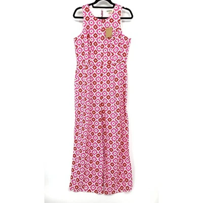 Mono Boden Carla de lino para mujer talla 10 rosa rojo estampado geométrico pierna ancha NUEVO Foto 1 de 4