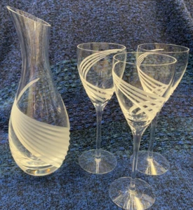 Lenox Wine Carafe/Decanter & 3 Wine Glasses Windswept Spiral Wave Cut Glass - Picture 1 of 6