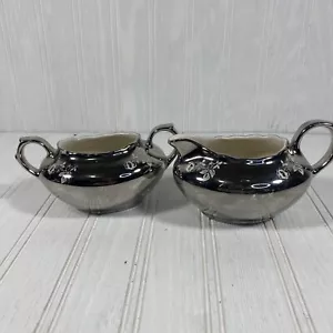 Vintage 40’s Pearl China Co Platinum Rose 22kt 2 Piece Tea Set Sugar Creamer USA - Picture 1 of 16