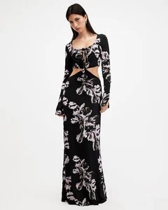 All Saints Womens Cynthi Floral Cut Out Maxi Dress Designer Slim Fit Long Sleeve - Picture 1 of 8