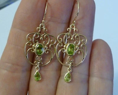 Vintage Peridot Filigree Earrings, 9ct 9k Solid Gold Chandelier Drop, E36 Custom - Image 1 of 3