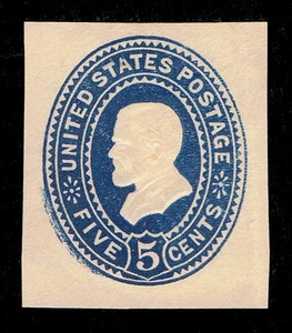 GENUINE SCOTT #U331 BLUE ON AMBER 5¢ MINT PLIMPTON MORGAN PURCELL CUT SQUARE - Picture 1 of 2