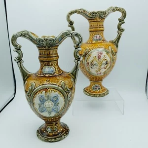 Pair Majolica Vases Antique Staffordshire Twin handled 10" tall Victorian vase - Picture 1 of 24