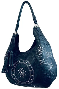 ISABELLA FIORE FLORAL WHIPPED BEJEWELED SHOULDER HOBO TOTE BAG BLACK PEBBLE LTHR - Picture 1 of 9