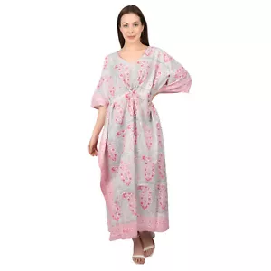Women Kaftan Summer Caftan Dress Cotton Maxi Top Gown Beach Ethnic Block Printed - Picture 1 of 5