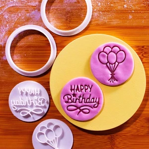 Mini Happy Birthday & Balloons Cookie Cutter and Stamp Set - cupcake toppers - Picture 1 of 5