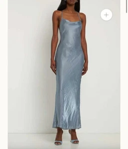 NWT* Bec + Bridge Indra Satin Maxi Dress Womens 4 Steel Blue Raw Hem Cowl Neck - Picture 1 of 12