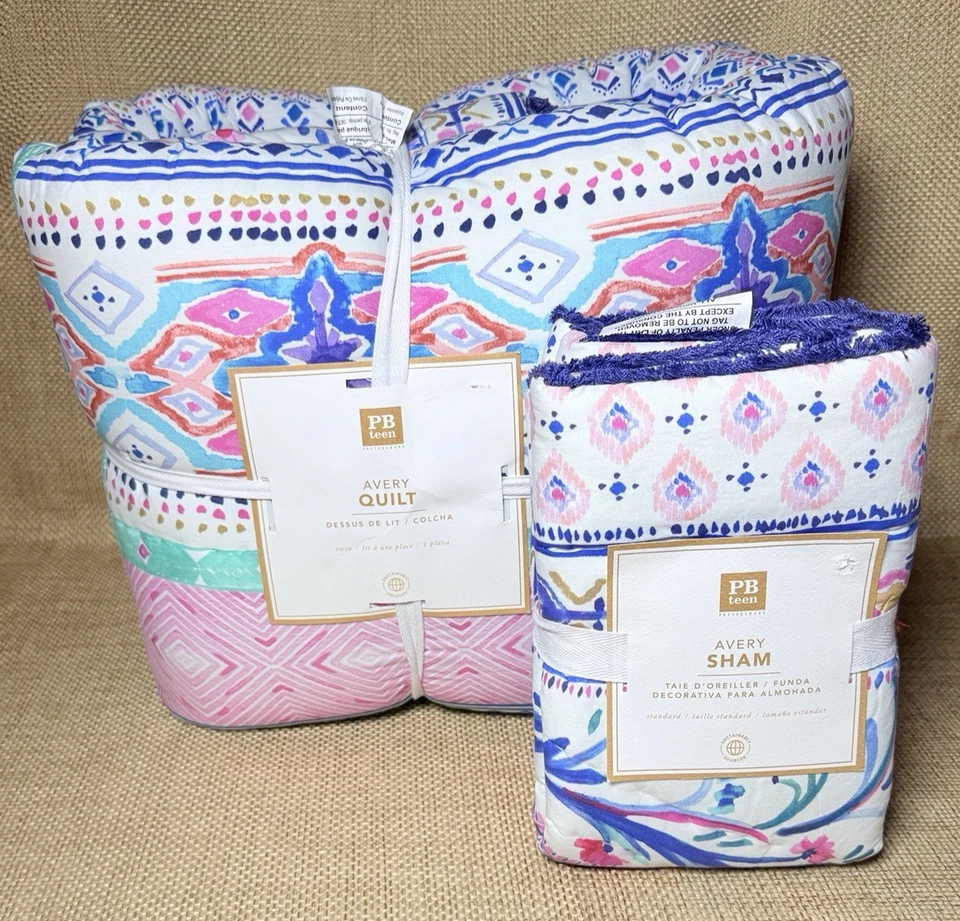 Juego de edredón geométrico Pottery Barn Avery rosa Ikat Boho acuarela Foto 1 de 4