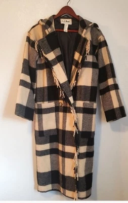 复古 L.L. BEAN 女式连帽羊毛毯子外套黑白格子流苏 S 码 — 第 1/4 张图片