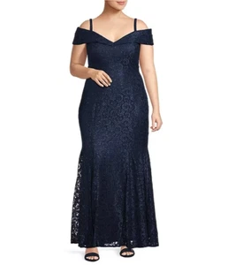 R & M Richards Navy Off-the-Shoulder Sleeve Floral Lace Mermaid Gown Size 20W - Picture 1 of 18