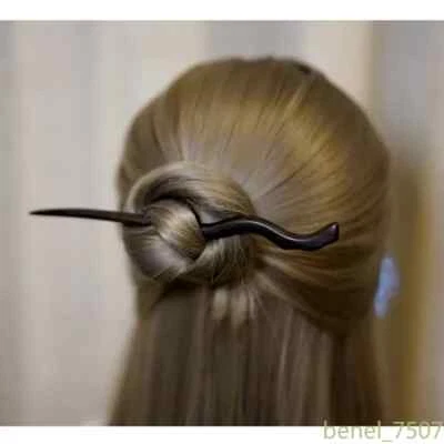 Black Sandalwood Handmade Carved Chinese Hairpins Forked Coiled Hair Gift - Image 1 of 2