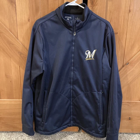 Milwaukee Brewers Large Full Zip with Pockets Jacket Coat Sweatshirt Navy Blue Cover
