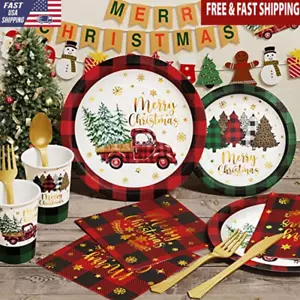 350 PCS Christmas Party Dinnerware Set Disposable Plates Cups Flatware Napkins - Picture 1 of 4